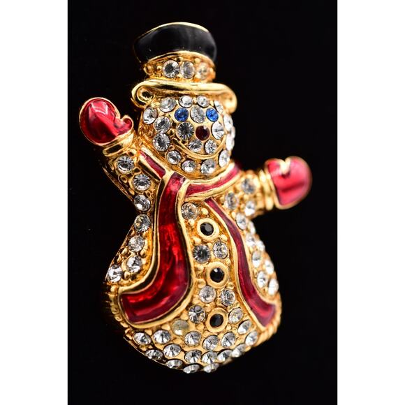 Monet Vintage Crystal Christmas Snowman Pin Brooch Rhinestone Gold Signed BinBP - Picture 3 of 12